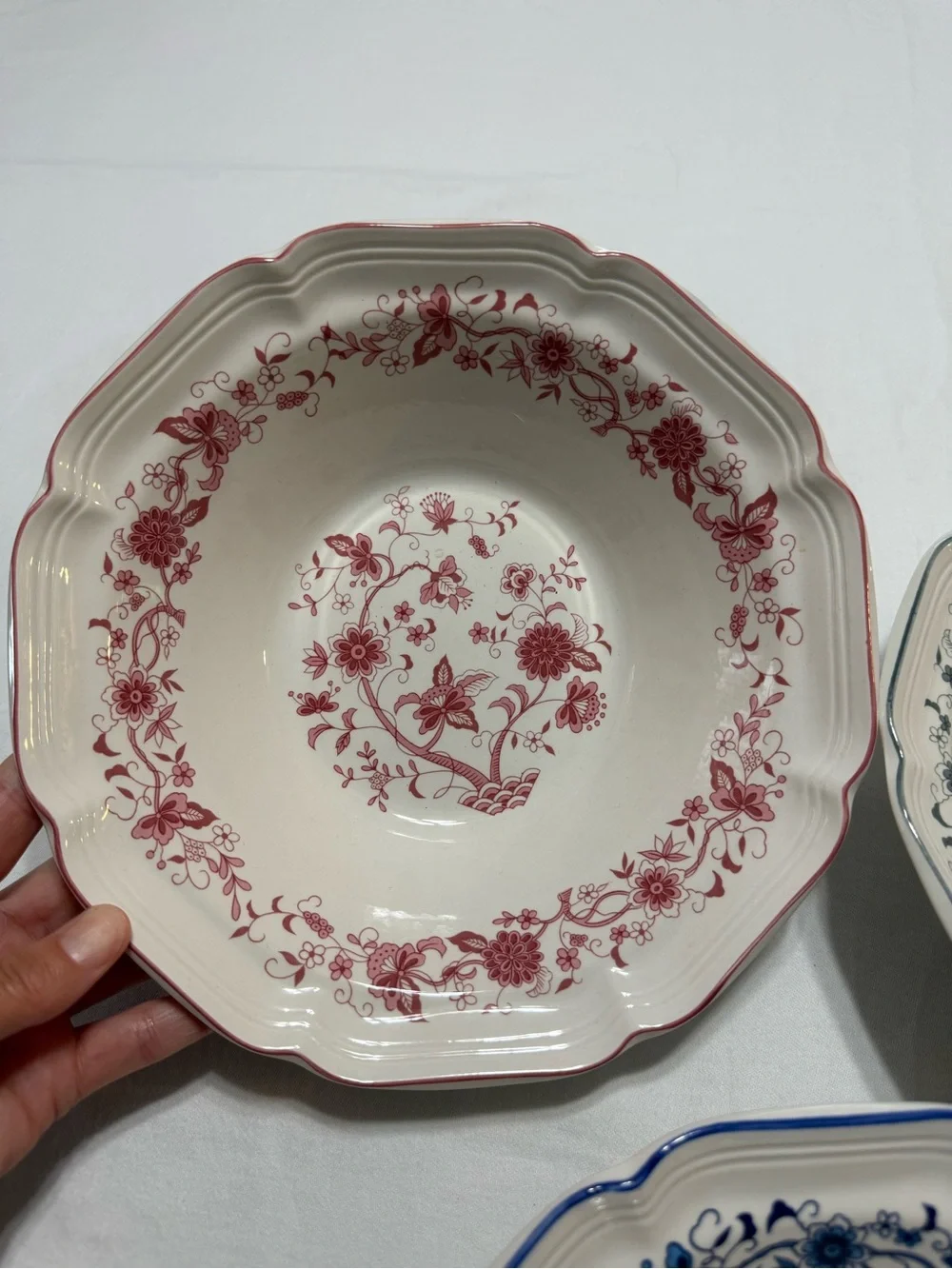 Floral Ceramic Serving Bowls Set - Blue, Red, Green/Gray